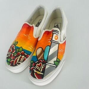 Vans Classic Slip On Custom Painted Lighthouse Tattoo Art Shoes